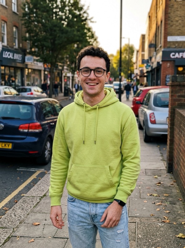 The single photo used: a casual photo of a man in a lime-green hoodie and glasses (AI-generated person)